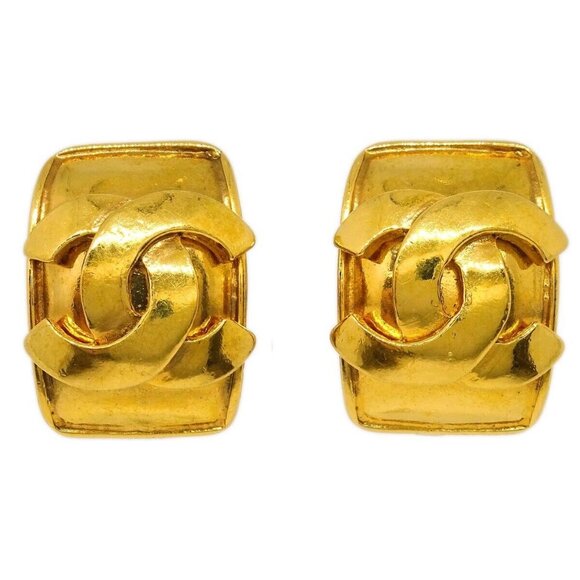 Chanel CC Square Earrings Clip-On Gold 95P - Picture 1 of 4